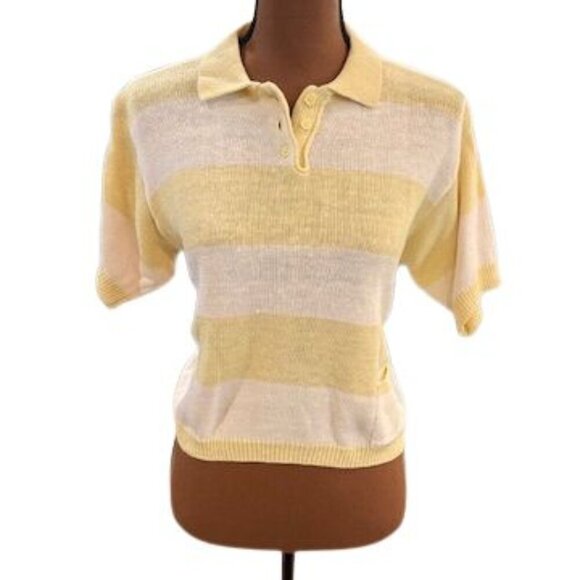 VINTAGE 80’s Kids Classics Collared Short Sleeve Yellow & White Striped Knit Tee - Picture 1 of 8